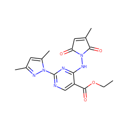 CCOC(=O)c1cnc(-n2nc(C)cc2C)nc1NN1C(=O)C=C(C)C1=O ZINC000029400345