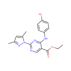 CCOC(=O)c1cnc(-n2nc(C)cc2C)nc1Nc1ccc(O)cc1 ZINC000002356115