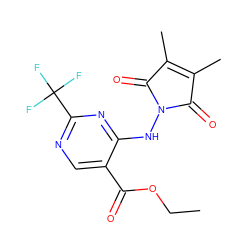 CCOC(=O)c1cnc(C(F)(F)F)nc1NN1C(=O)C(C)=C(C)C1=O ZINC000029394977