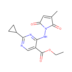 CCOC(=O)c1cnc(C2CC2)nc1NN1C(=O)C=C(C)C1=O ZINC000029394553