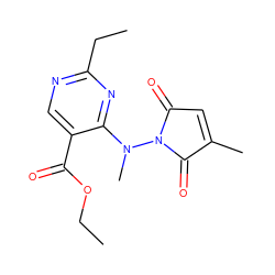 CCOC(=O)c1cnc(CC)nc1N(C)N1C(=O)C=C(C)C1=O ZINC000029391878