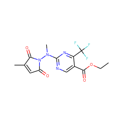 CCOC(=O)c1cnc(N(C)N2C(=O)C=C(C)C2=O)nc1C(F)(F)F ZINC000000603723