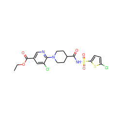 CCOC(=O)c1cnc(N2CCC(C(=O)NS(=O)(=O)c3ccc(Cl)s3)CC2)c(Cl)c1 ZINC000096283073