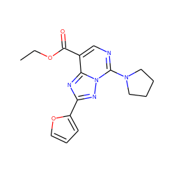 CCOC(=O)c1cnc(N2CCCC2)n2nc(-c3ccco3)nc12 ZINC000299835336