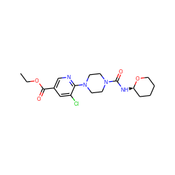 CCOC(=O)c1cnc(N2CCN(C(=O)N[C@@H]3CCCCO3)CC2)c(Cl)c1 ZINC000071280829