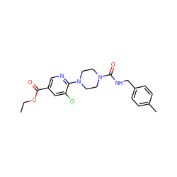 CCOC(=O)c1cnc(N2CCN(C(=O)NCc3ccc(C)cc3)CC2)c(Cl)c1 ZINC000071280654