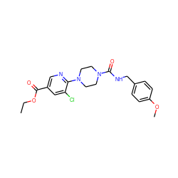 CCOC(=O)c1cnc(N2CCN(C(=O)NCc3ccc(OC)cc3)CC2)c(Cl)c1 ZINC000071294829