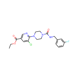 CCOC(=O)c1cnc(N2CCN(C(=O)NCc3cccc(F)c3)CC2)c(Cl)c1 ZINC000071282480