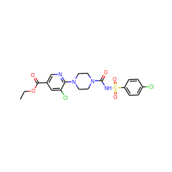 CCOC(=O)c1cnc(N2CCN(C(=O)NS(=O)(=O)c3ccc(Cl)cc3)CC2)c(Cl)c1 ZINC000096272838