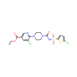 CCOC(=O)c1cnc(N2CCN(C(=O)NS(=O)(=O)c3ccc(Cl)s3)CC2)c(Cl)c1 ZINC000096272849