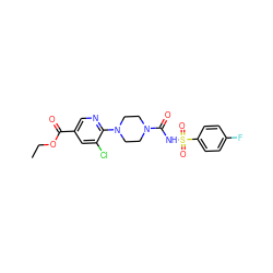 CCOC(=O)c1cnc(N2CCN(C(=O)NS(=O)(=O)c3ccc(F)cc3)CC2)c(Cl)c1 ZINC000038255721