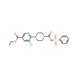 CCOC(=O)c1cnc(N2CCN(C(=O)NS(=O)(=O)c3ccccc3)CC2)c(Cl)c1 ZINC000035820889