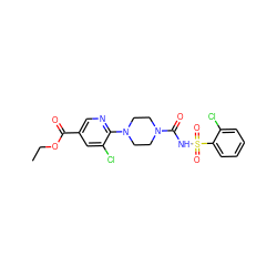 CCOC(=O)c1cnc(N2CCN(C(=O)NS(=O)(=O)c3ccccc3Cl)CC2)c(Cl)c1 ZINC000038245635