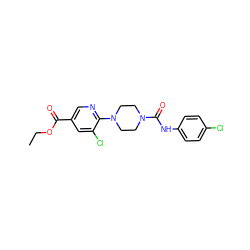 CCOC(=O)c1cnc(N2CCN(C(=O)Nc3ccc(Cl)cc3)CC2)c(Cl)c1 ZINC000071295880