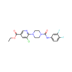 CCOC(=O)c1cnc(N2CCN(C(=O)Nc3ccc(F)c(F)c3)CC2)c(Cl)c1 ZINC000071281225