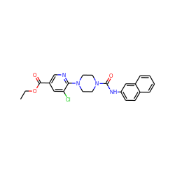 CCOC(=O)c1cnc(N2CCN(C(=O)Nc3ccc4ccccc4c3)CC2)c(Cl)c1 ZINC000071296056