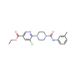 CCOC(=O)c1cnc(N2CCN(C(=O)Nc3cccc(C)c3)CC2)c(Cl)c1 ZINC000071295521