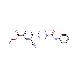 CCOC(=O)c1cnc(N2CCN(C(=O)Nc3ccccc3)CC2)c(C#N)c1 ZINC000071294592