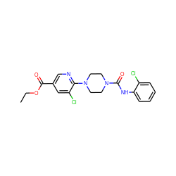 CCOC(=O)c1cnc(N2CCN(C(=O)Nc3ccccc3Cl)CC2)c(Cl)c1 ZINC000071295319