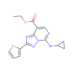 CCOC(=O)c1cnc(NC2CC2)n2nc(-c3ccco3)nc12 ZINC000299833215