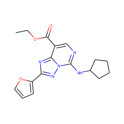 CCOC(=O)c1cnc(NC2CCCC2)n2nc(-c3ccco3)nc12 ZINC000299833183