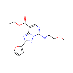 CCOC(=O)c1cnc(NCCOC)n2nc(-c3ccco3)nc12 ZINC000169045604