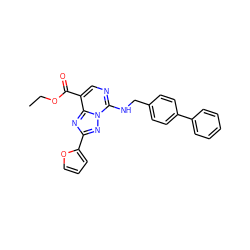 CCOC(=O)c1cnc(NCc2ccc(-c3ccccc3)cc2)n2nc(-c3ccco3)nc12 ZINC000299834054