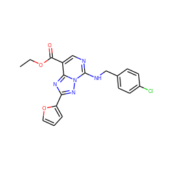 CCOC(=O)c1cnc(NCc2ccc(Cl)cc2)n2nc(-c3ccco3)nc12 ZINC000299834948