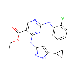 CCOC(=O)c1cnc(Nc2ccccc2Cl)nc1Nc1cc(C2CC2)[nH]n1 ZINC000203004205