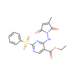 CCOC(=O)c1cnc(S(=O)(=O)c2ccccc2)nc1NN1C(=O)C=C(C)C1=O ZINC000029395243