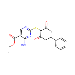 CCOC(=O)c1cnc(SC2C(=O)CC(c3ccccc3)CC2=O)nc1N ZINC000299825282