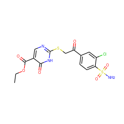 CCOC(=O)c1cnc(SCC(=O)c2ccc(S(N)(=O)=O)c(Cl)c2)[nH]c1=O ZINC000096940239