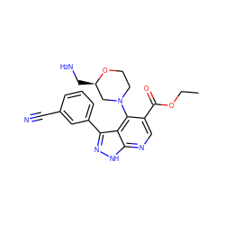 CCOC(=O)c1cnc2[nH]nc(-c3cccc(C#N)c3)c2c1N1CCO[C@H](CN)C1 ZINC000082155048