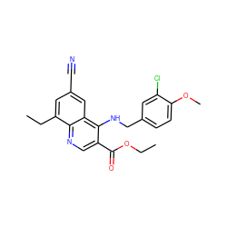 CCOC(=O)c1cnc2c(CC)cc(C#N)cc2c1NCc1ccc(OC)c(Cl)c1 ZINC000029344076