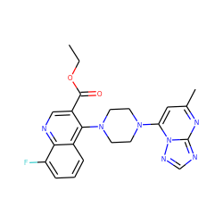 CCOC(=O)c1cnc2c(F)cccc2c1N1CCN(c2cc(C)nc3ncnn23)CC1 ZINC001772592346