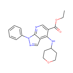 CCOC(=O)c1cnc2c(cnn2-c2ccccc2)c1NC1CCOCC1 ZINC000042922421