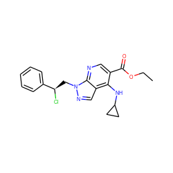 CCOC(=O)c1cnc2c(cnn2C[C@@H](Cl)c2ccccc2)c1NC1CC1 ZINC000013491816