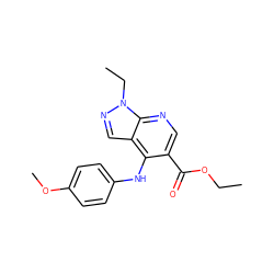 CCOC(=O)c1cnc2c(cnn2CC)c1Nc1ccc(OC)cc1 ZINC000045498008