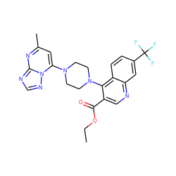 CCOC(=O)c1cnc2cc(C(F)(F)F)ccc2c1N1CCN(c2cc(C)nc3ncnn23)CC1 ZINC001772603695