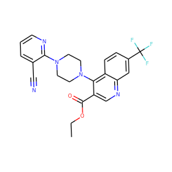 CCOC(=O)c1cnc2cc(C(F)(F)F)ccc2c1N1CCN(c2ncccc2C#N)CC1 ZINC001772575069