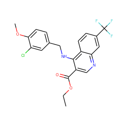 CCOC(=O)c1cnc2cc(C(F)(F)F)ccc2c1NCc1ccc(OC)c(Cl)c1 ZINC000029340168