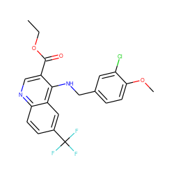 CCOC(=O)c1cnc2ccc(C(F)(F)F)cc2c1NCc1ccc(OC)c(Cl)c1 ZINC000029339796