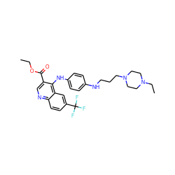 CCOC(=O)c1cnc2ccc(C(F)(F)F)cc2c1Nc1ccc(NCCCN2CCN(CC)CC2)cc1 ZINC000473149652