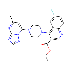 CCOC(=O)c1cnc2ccc(F)cc2c1N1CCN(c2cc(C)nc3ncnn23)CC1 ZINC000301669795