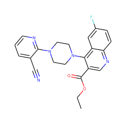 CCOC(=O)c1cnc2ccc(F)cc2c1N1CCN(c2ncccc2C#N)CC1 ZINC000301683746