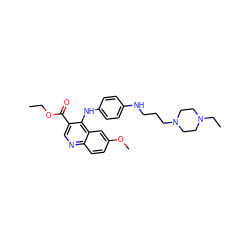 CCOC(=O)c1cnc2ccc(OC)cc2c1Nc1ccc(NCCCN2CCN(CC)CC2)cc1 ZINC000473148710