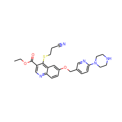 CCOC(=O)c1cnc2ccc(OCc3ccc(N4CCNCC4)nc3)cc2c1SCCC#N ZINC000584905734