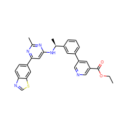 CCOC(=O)c1cncc(-c2cccc([C@H](C)Nc3cc(-c4ccc5ncsc5c4)nc(C)n3)c2)c1 ZINC000653754857