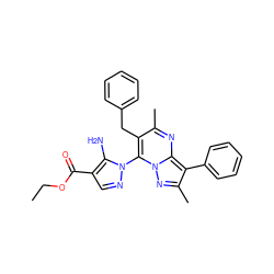 CCOC(=O)c1cnn(-c2c(Cc3ccccc3)c(C)nc3c(-c4ccccc4)c(C)nn23)c1N ZINC000002380967