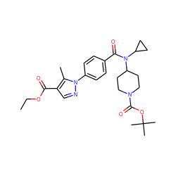 CCOC(=O)c1cnn(-c2ccc(C(=O)N(C3CC3)C3CCN(C(=O)OC(C)(C)C)CC3)cc2)c1C ZINC000223642570